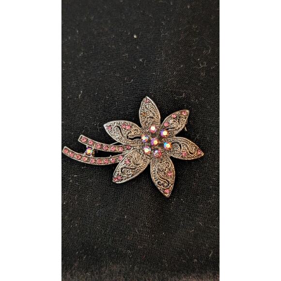 Pink AB Crystal Silver Tone Filigree Floral Brooch - Picture 5 of 5